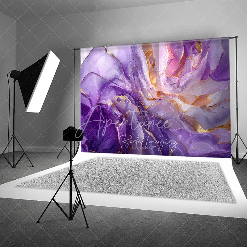 Aperturee - Aperturee Elegant Purple and Gold Alcohol Ink Photography Backdrop Abstract Floral Art Party Decor