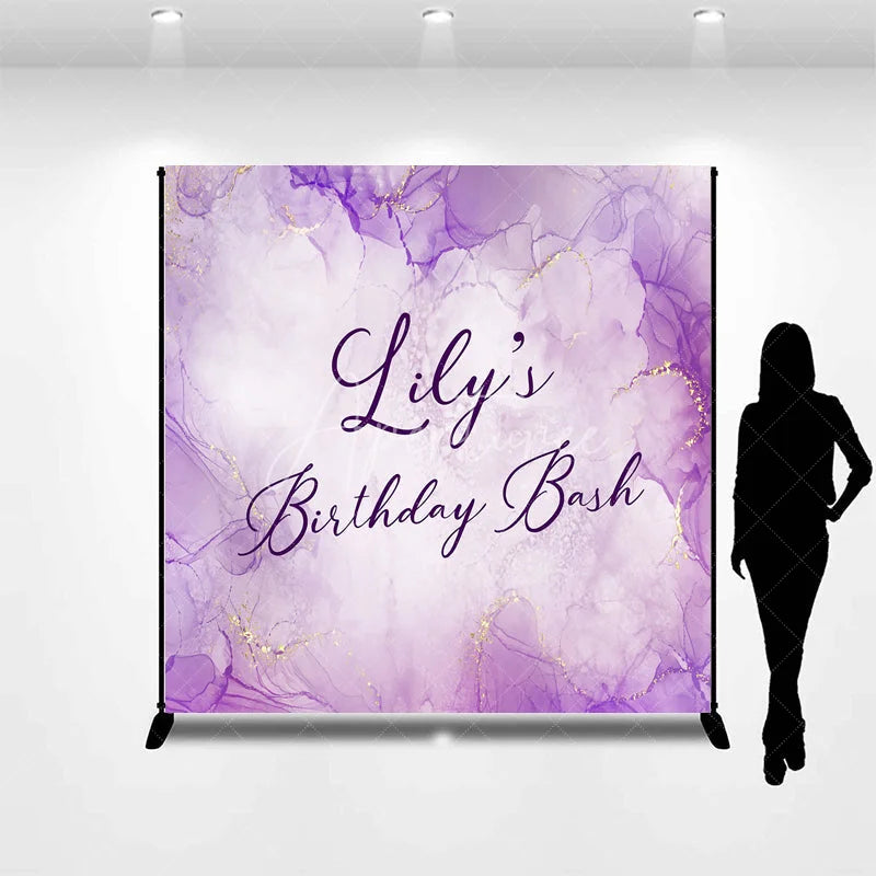 Aperturee - Aperturee Elegant Purple and Gold Glitter Alcohol Ink Custom Backdrop Personalized Birthday Bash Party Decor for Celebrations