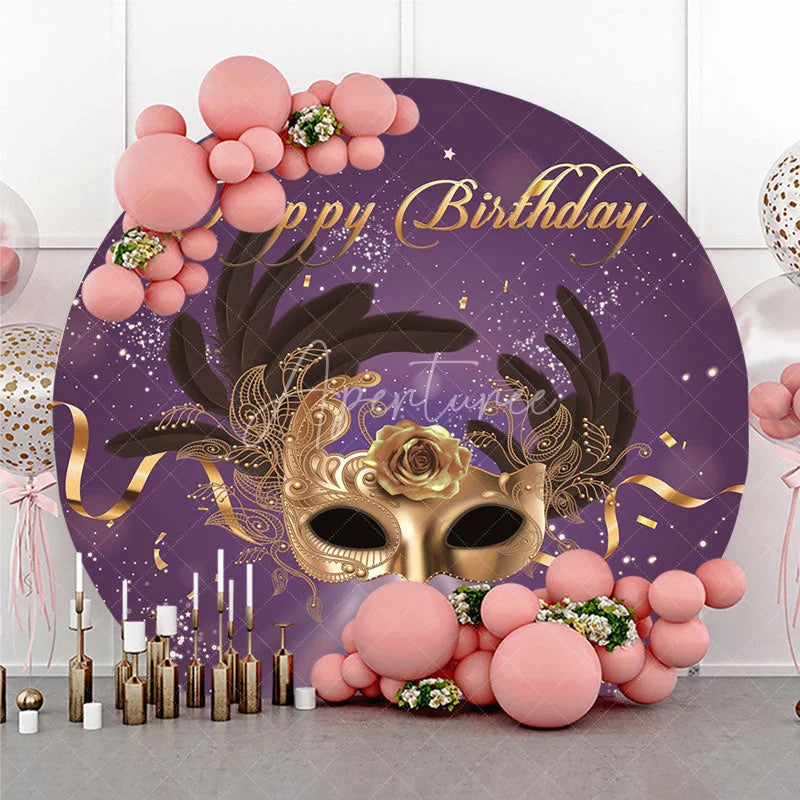 Aperturee - Aperturee Elegant Purple and Gold Masquerade Mask with Feather Rose Round Backdrop Happy Birthday Party Decor