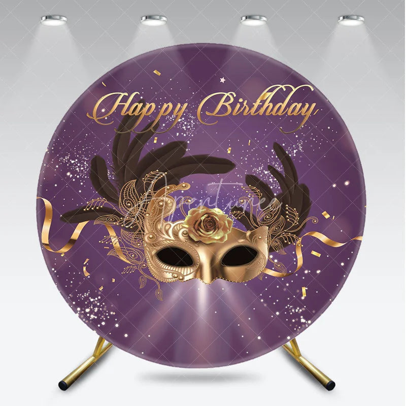 Aperturee - Aperturee Elegant Purple and Gold Masquerade Mask with Feather Rose Round Backdrop Happy Birthday Party Decor