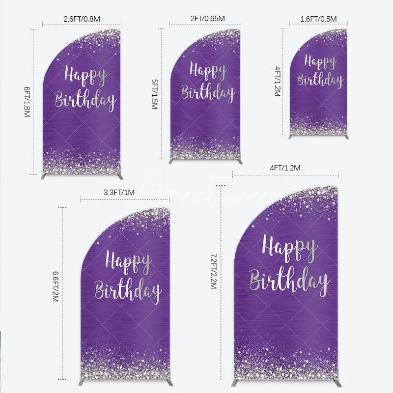 Aperturee - Aperturee Elegant Purple and Silver Glitter Happy Birthday Half Moon Arch Backdrop Sparkling Diamond Celebration Decor