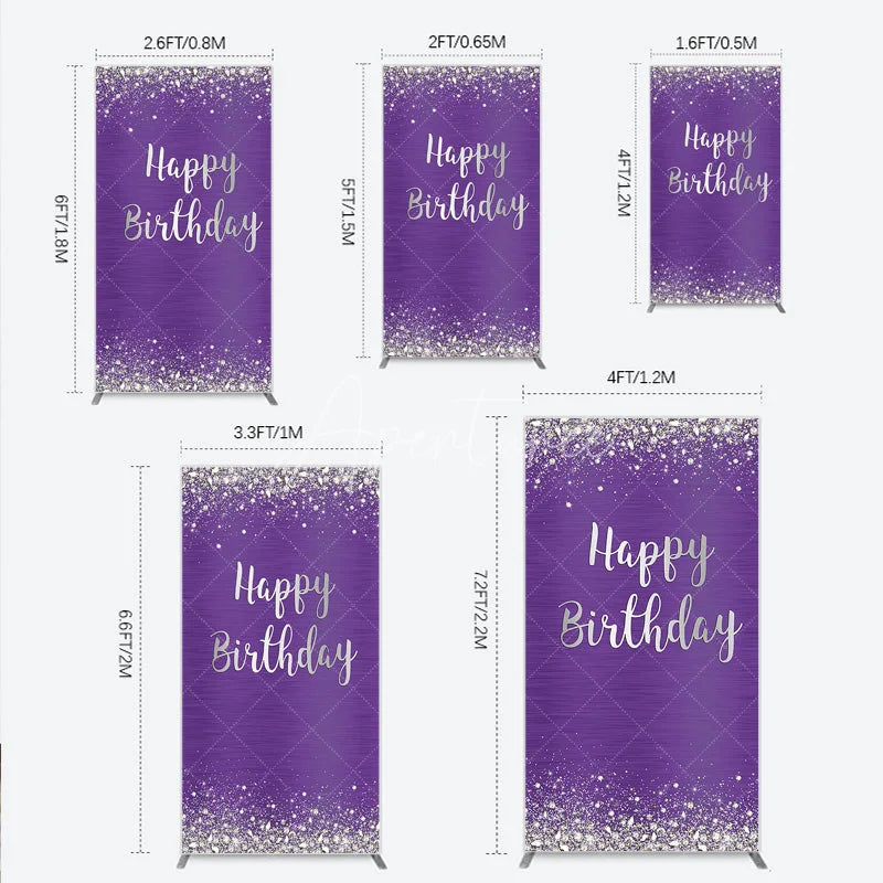 Aperturee - Aperturee Elegant Purple and Silver Glitter Happy Birthday Rectangle Arch Backdrop Diamond Celebration Party Decor