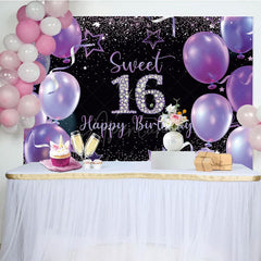 Aperturee - Aperturee Elegant Purple Balloon Sweet 16 Happy Birthday Backdrop