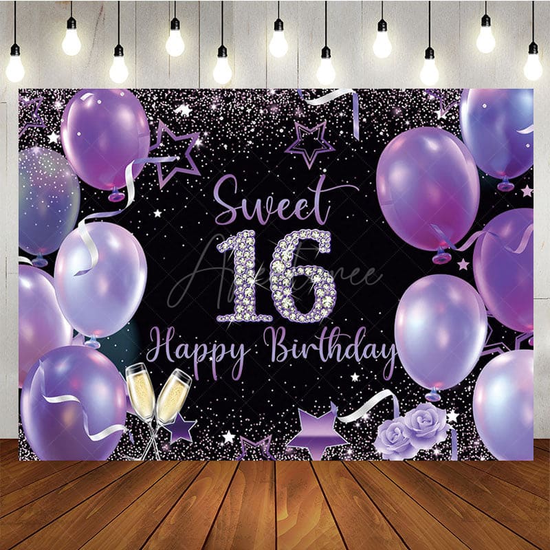 Aperturee - Aperturee Elegant Purple Balloon Sweet 16 Happy Birthday Backdrop
