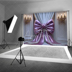 Aperturee - Aperturee Elegant Purple Bow and Pearl Photography Backdrop Pleated Curtains and Gold Chandeliers for Celebrations