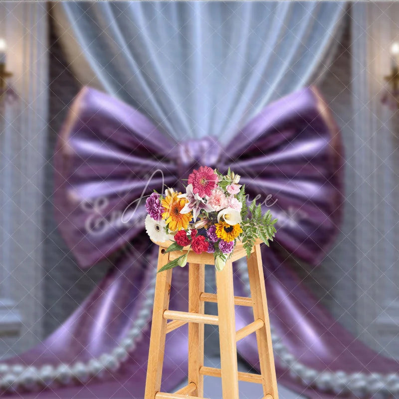 Aperturee - Aperturee Elegant Purple Bow and Pearl Photography Backdrop Pleated Curtains and Gold Chandeliers for Celebrations