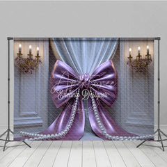 Aperturee - Aperturee Elegant Purple Bow and Pearl Photography Backdrop Pleated Curtains and Gold Chandeliers for Celebrations