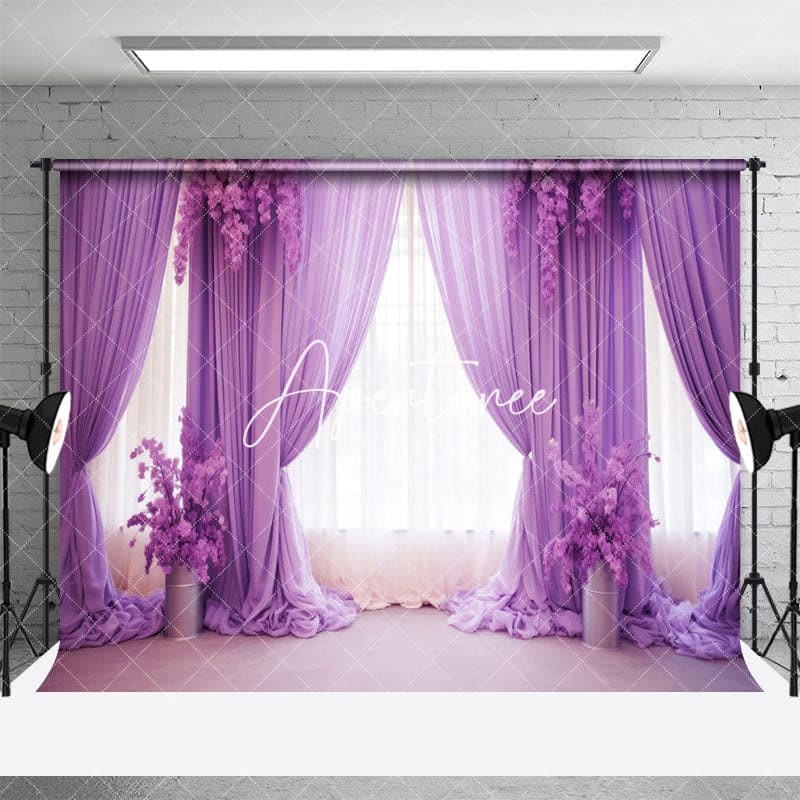 Aperturee - Aperturee Elegant Purple Curtain Floral Wedding Photo Backdrop