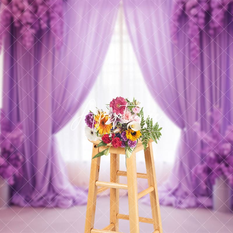 Aperturee - Aperturee Elegant Purple Curtain Floral Wedding Photo Backdrop