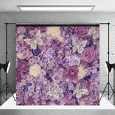 Aperturee - Aperturee Elegant Purple Floral Photography Backdrop with Glitter Butterflies Roses and Hydrangeas Party Decor