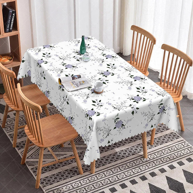 Aperturee - Aperturee Elegant Purple Floral Rectangle Tablecloth Simple Botanical Print on White Modern Farmhouse Kitchen Decor