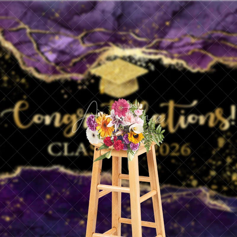 Aperturee - Aperturee Elegant Purple Gold Marbled Backdrop For Graduation