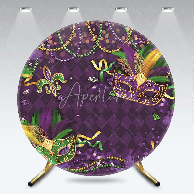 Aperturee - Aperturee Elegant Purple Green Gold Mardi Gras Masquerade Masks with Feather Beads Round Backdrop Festive Carnival Party Decor