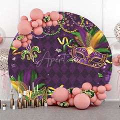 Aperturee - Aperturee Elegant Purple Green Gold Mardi Gras Masquerade Masks with Feather Beads Round Backdrop Festive Carnival Party Decor