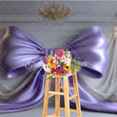 Aperturee - Aperturee Elegant Purple Satin Bow and Pearl Strings Photography Backdrop Luxurious Room with White Roses Party Decor