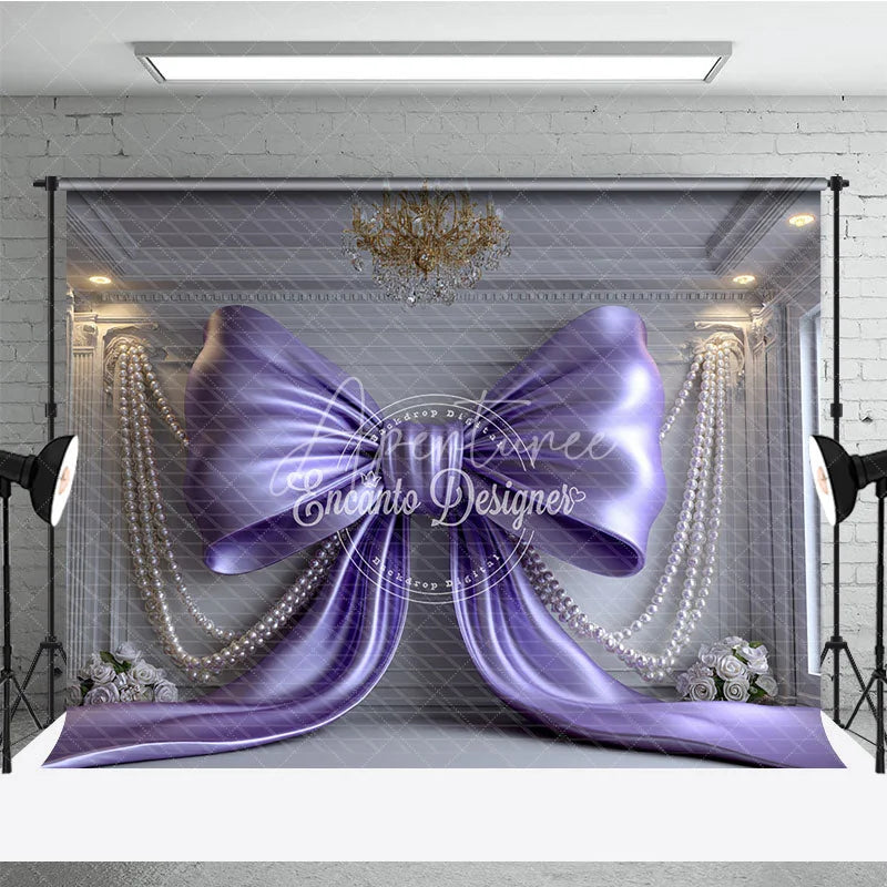 Aperturee - Aperturee Elegant Purple Satin Bow and Pearl Strings Photography Backdrop Luxurious Room with White Roses Party Decor
