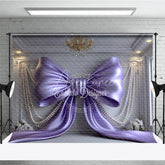 Aperturee - Aperturee Elegant Purple Satin Bow and Pearl Strings Photography Backdrop Luxurious Room with White Roses Party Decor
