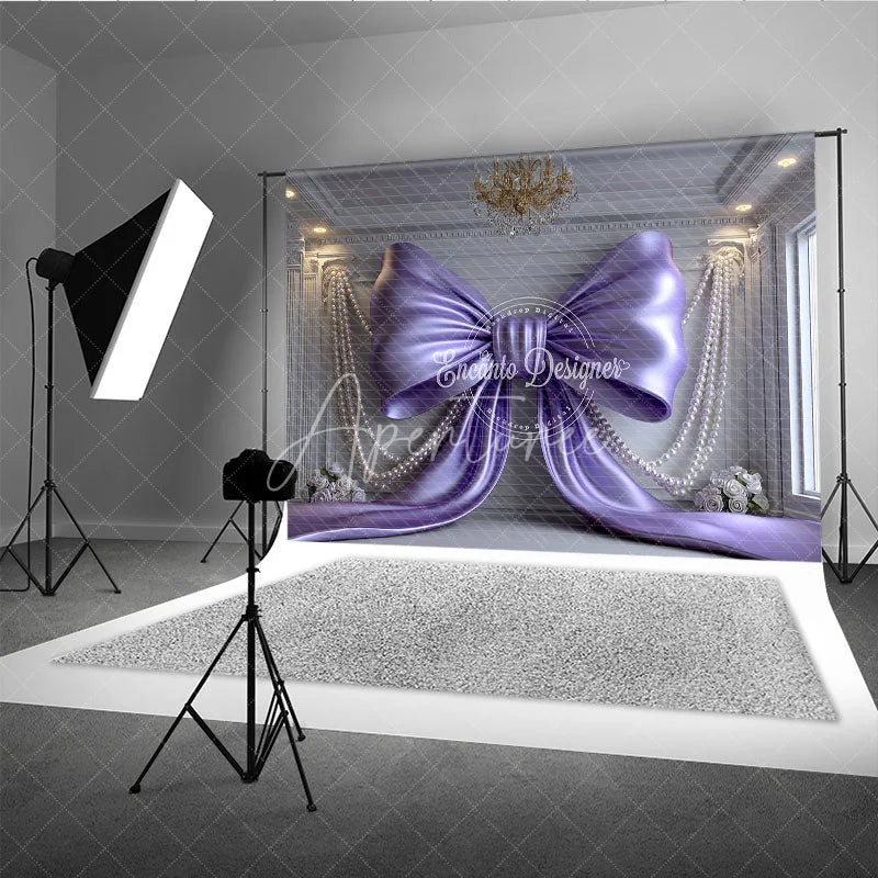 Aperturee - Aperturee Elegant Purple Satin Bow and Pearl Strings Photography Backdrop Luxurious Room with White Roses Party Decor