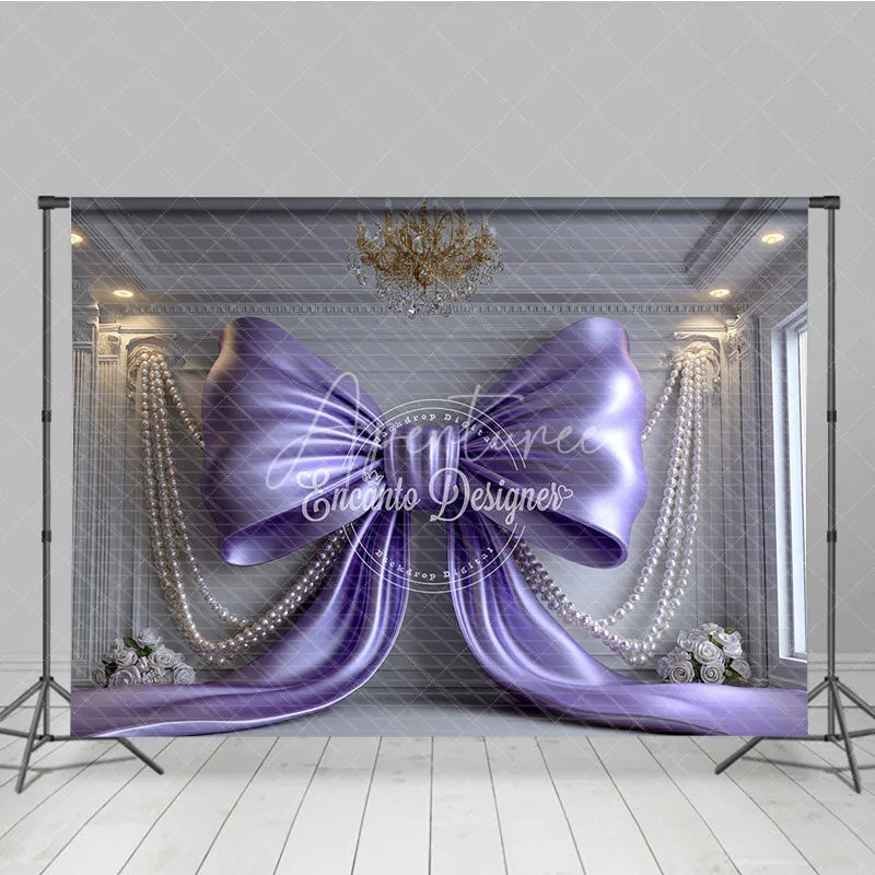 Aperturee - Aperturee Elegant Purple Satin Bow and Pearl Strings Photography Backdrop Luxurious Room with White Roses Party Decor