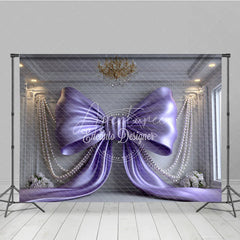 Aperturee - Aperturee Elegant Purple Satin Bow and Pearl Strings Photography Backdrop Luxurious Room with White Roses Party Decor
