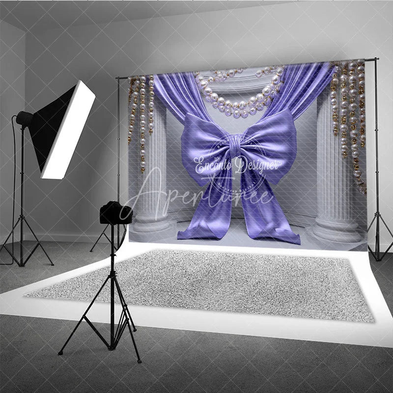 Aperturee - Aperturee Elegant Purple Satin Bow Drapes Photography Backdrop White Columns Pearl Gold Bead Strands Luxurious Party Decor