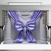 Aperturee - Aperturee Elegant Purple Satin Bow Drapes Photography Backdrop White Columns Pearl Gold Bead Strands Luxurious Party Decor
