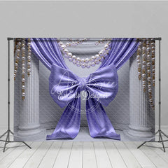 Aperturee - Aperturee Elegant Purple Satin Bow Drapes Photography Backdrop White Columns Pearl Gold Bead Strands Luxurious Party Decor