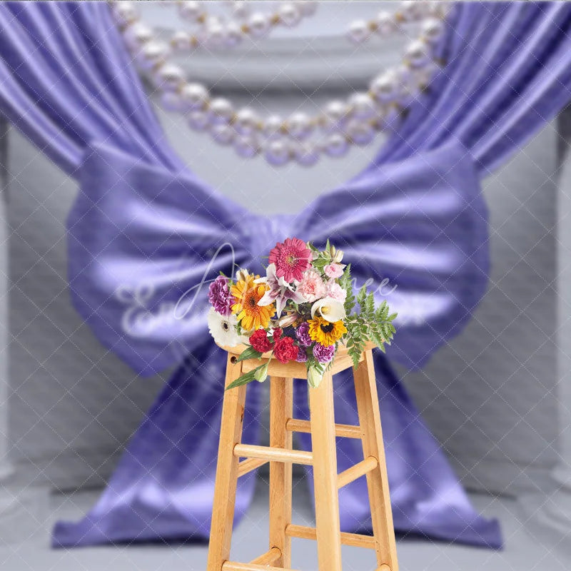 Aperturee - Aperturee Elegant Purple Satin Bow Drapes Photography Backdrop White Columns Pearl Gold Bead Strands Luxurious Party Decor