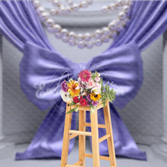 Aperturee - Aperturee Elegant Purple Satin Bow Drapes Photography Backdrop White Columns Pearl Gold Bead Strands Luxurious Party Decor