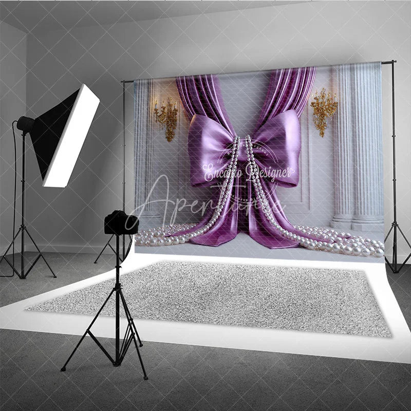 Aperturee - Aperturee Elegant Purple Satin Drapes Photography Backdrop with Gold Sconces and White Pearls Royal Princess Party Decor