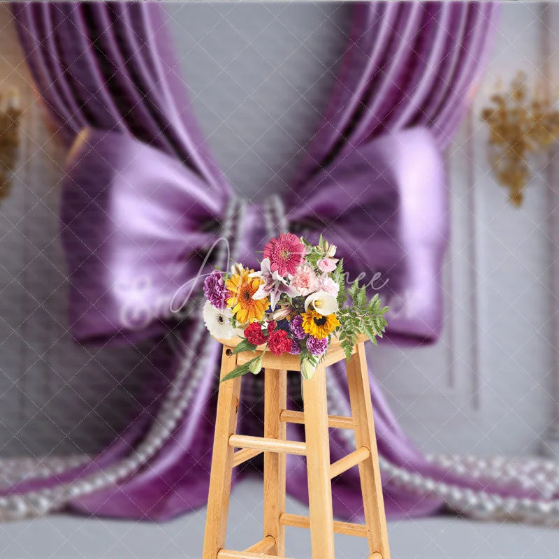 Aperturee - Aperturee Elegant Purple Satin Drapes Photography Backdrop with Gold Sconces and White Pearls Royal Princess Party Decor