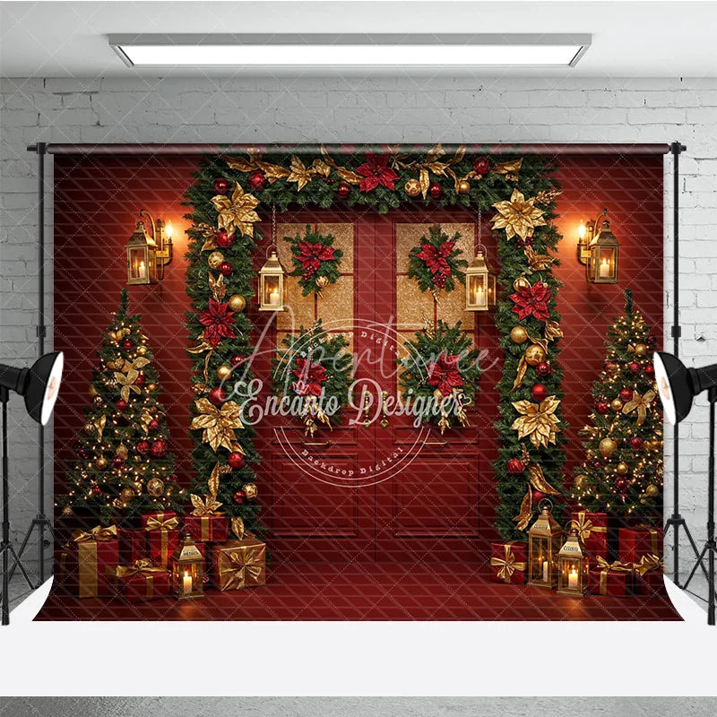 Aperturee - Aperturee Elegant Red and Gold Christmas Door Combo Set Backdrop Poinsettia Garland with Braided Rug Holiday Photo Floor
