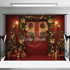 Aperturee - Aperturee Elegant Red and Gold Christmas Door Combo Set Backdrop Poinsettia Garland with Braided Rug Holiday Photo Floor