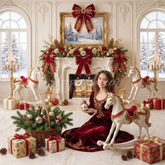 Aperturee - Aperturee Elegant Red and Gold Christmas Fireplace with Rocking Horse Combo Set Backdrop Winter Holiday Party Decor
