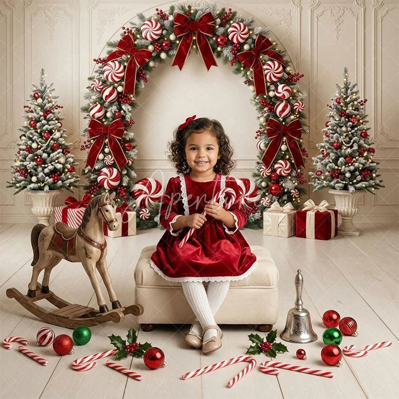 Aperturee - Aperturee Elegant Red and White Christmas Wreath Combo Set Backdrop featuring Candy Canes Gift Boxes and Trees