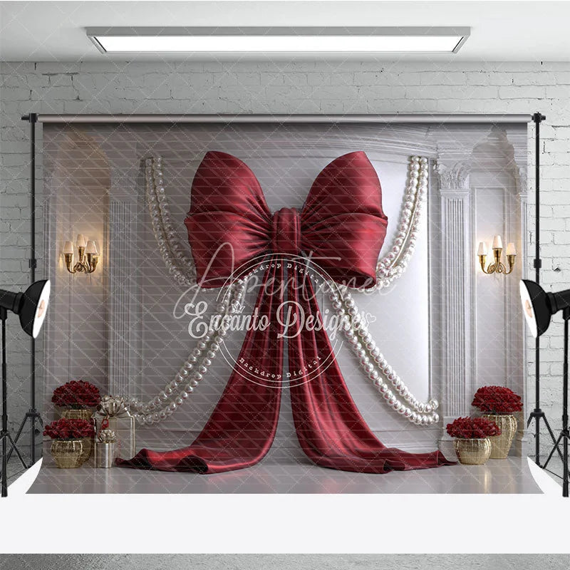Aperturee - Aperturee Elegant Red Bow and Pearl Photography Backdrop Classic White Wall with Gold Decor for Celebrations