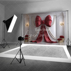 Aperturee - Aperturee Elegant Red Bow and Pearl Photography Backdrop Classic White Wall with Gold Decor for Celebrations