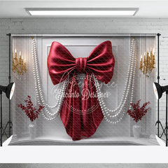 Aperturee - Aperturee Elegant Red Bow and Pearl Photography Backdrop Luxurious White Mantelpiece for Festive Celebrations