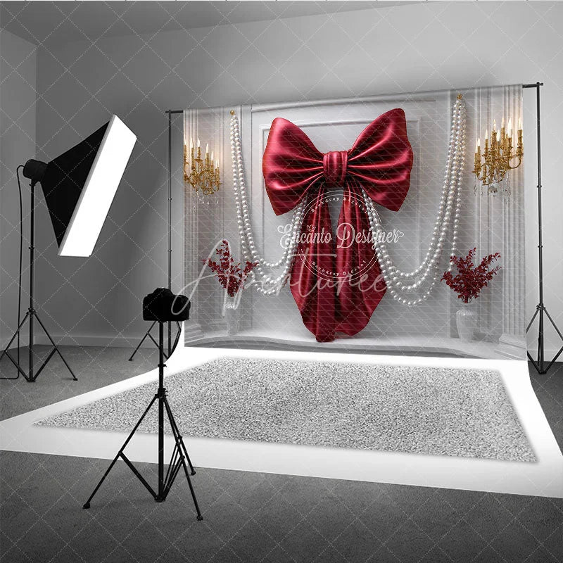 Aperturee - Aperturee Elegant Red Bow and Pearl Photography Backdrop Luxurious White Mantelpiece for Festive Celebrations