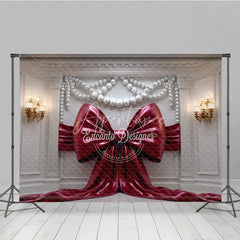 Aperturee - Aperturee Elegant Red Bow Photography Backdrop with Pearl Garlands Ornate White Wall and Gold Sconces Decor