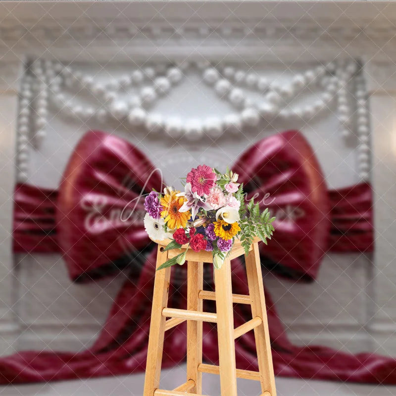 Aperturee - Aperturee Elegant Red Bow Photography Backdrop with Pearl Garlands Ornate White Wall and Gold Sconces Decor