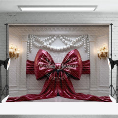 Aperturee - Aperturee Elegant Red Bow Photography Backdrop with Pearl Garlands Ornate White Wall and Gold Sconces Decor