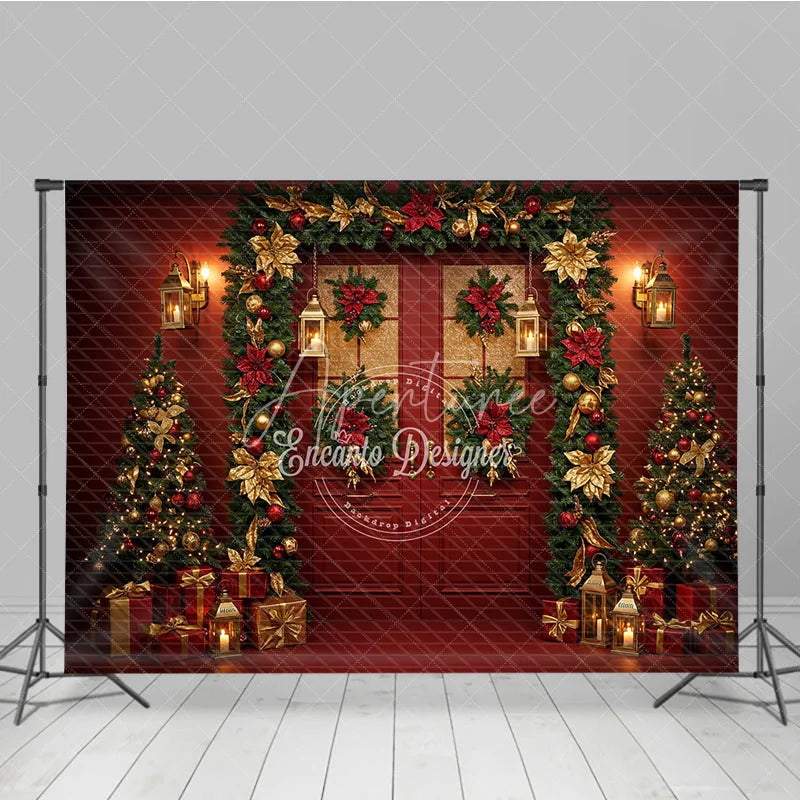 Aperturee - Aperturee Elegant Red Christmas Door Photography Backdrop Red and Gold Poinsettia Garland Luxury Holiday Photo Background