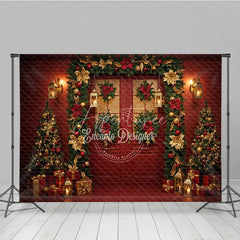Aperturee - Aperturee Elegant Red Christmas Door Photography Backdrop Red and Gold Poinsettia Garland Luxury Holiday Photo Background