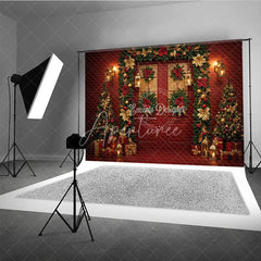 Aperturee - Aperturee Elegant Red Christmas Door Photography Backdrop Red and Gold Poinsettia Garland Luxury Holiday Photo Background