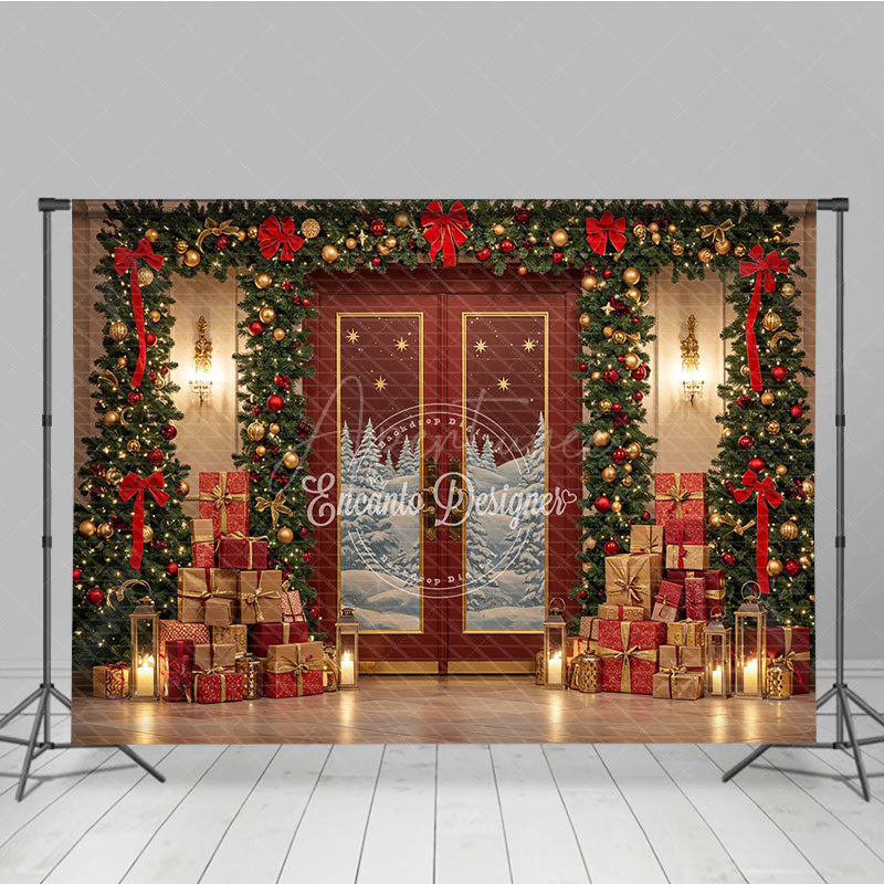 Aperturee - Aperturee Elegant Red Christmas Door Photography Backdrop Snowy Scene with Garland and Trees Holiday Mini Session Background