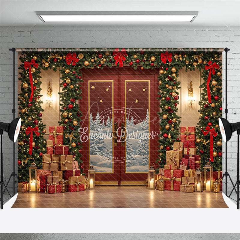 Aperturee - Aperturee Elegant Red Christmas Door Photography Backdrop Snowy Scene with Garland and Trees Holiday Mini Session Background