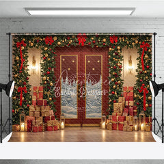 Aperturee - Aperturee Elegant Red Christmas Door Photography Backdrop Snowy Scene with Garland and Trees Holiday Mini Session Background