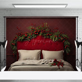 Aperturee Aperturee Elegant Red Christmas Headboard Photography Backdrop Tufted Bed with Berry Garland Moody Holiday Bedroom Prop