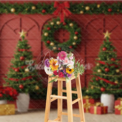 Aperturee - Aperturee Elegant Red Christmas Wall Photography Backdrop Garland Frame with Trees Traditional Holiday Photo Background